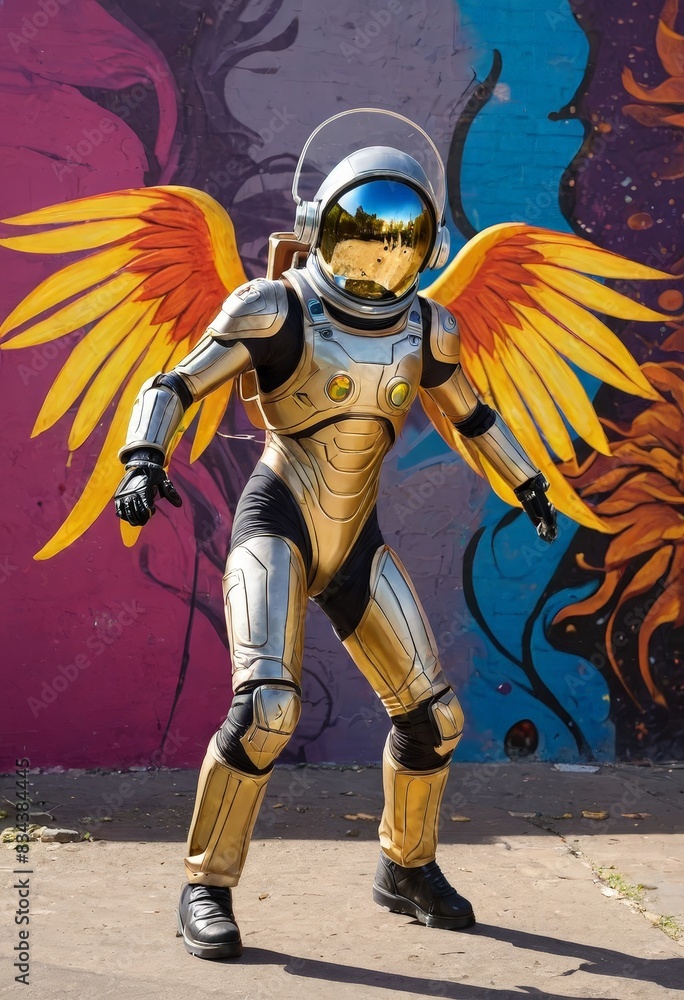Fototapeta premium Astronaut with golden wings against colorful graffiti wall