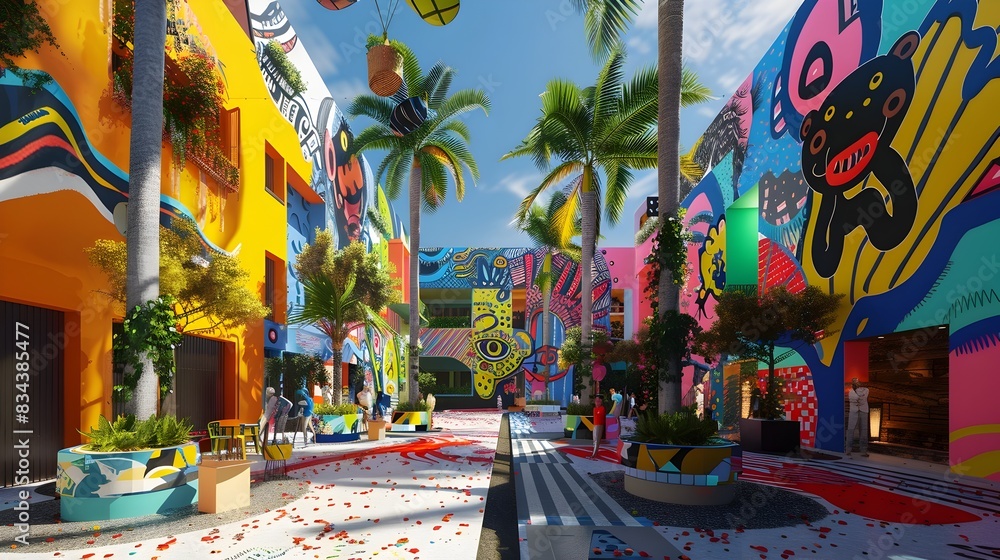 Naklejka premium Vibrant Colorful Tropical Street Scene with Murals and Palm Trees