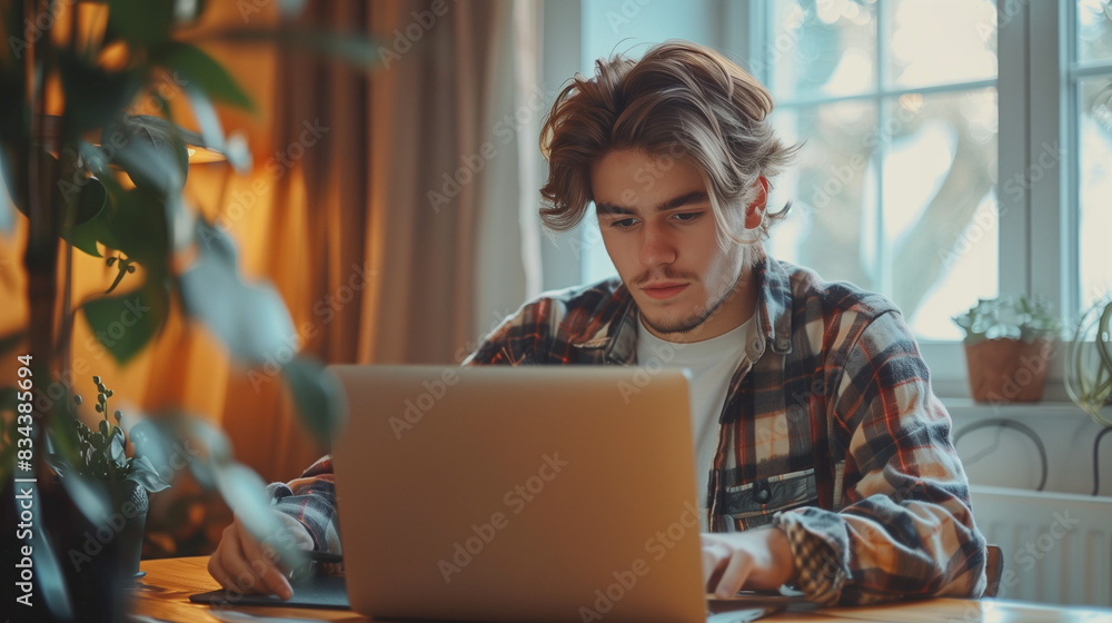 Young man student using laptop computer at home studying online. Creative professional working in office. Distance study, work from home. Young man student using laptop computer at home studying online. Creative professional working in office. Distance study, work from home.