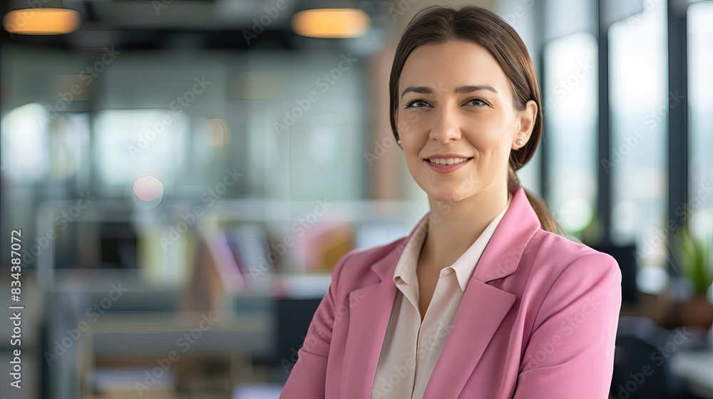 Businesswoman in a pink blazer, with an office background Businesswoman in a pink blazer, with an office background