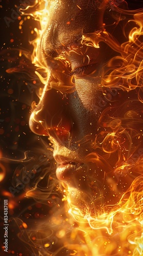 An anguished expression framed by flames, illustrating the scorching effect of heat, Fire element, photo