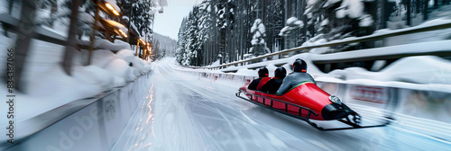 Bobsleigh team racing down icy track in Winter Olympics, close up, speed theme, dynamic, motion blur, snowy forest backdrop photo