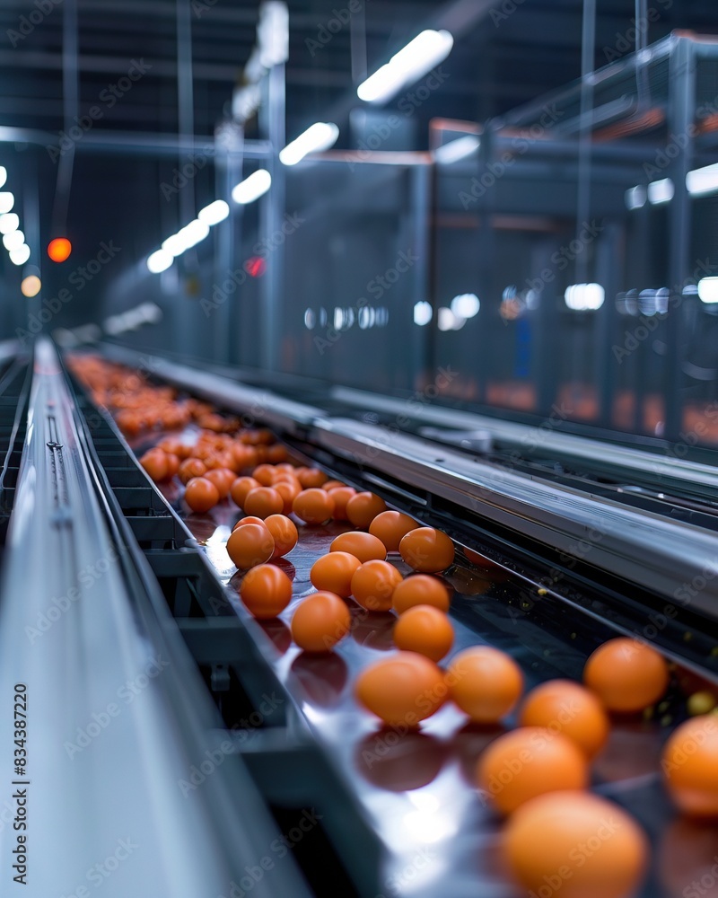 Detailed image of an automated egg collection and sorting line, capturing efficiency in poultry farming, suitable for hightech agriculture operations