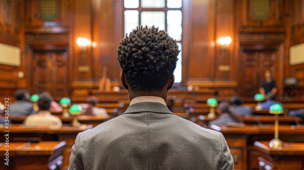 Intense Legal Advocacy in Classic Courtroom Setting with Lawyer Speaking to Judge Focus on Authority and Justice Intense Legal Advocacy in Classic Courtroom Setting with Lawyer Speaking to Judge Focus on Authority and Justice
