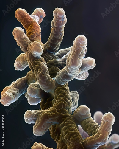Detailed shot of a tuberculosis bacillus, capturing the rod shape and mycolic acid coat, great for infectious disease research photo