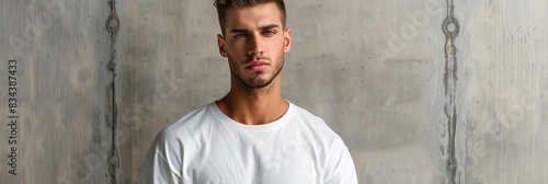 Handsome man in an oversized white tshirt, standing against a concrete background photo