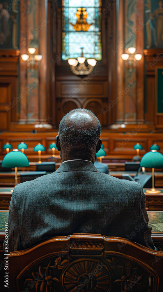 Legal Deliberation Man Addressing Diverse Jury in Formal Courtroom Setting Legal Deliberation Man Addressing Diverse Jury in Formal Courtroom Setting