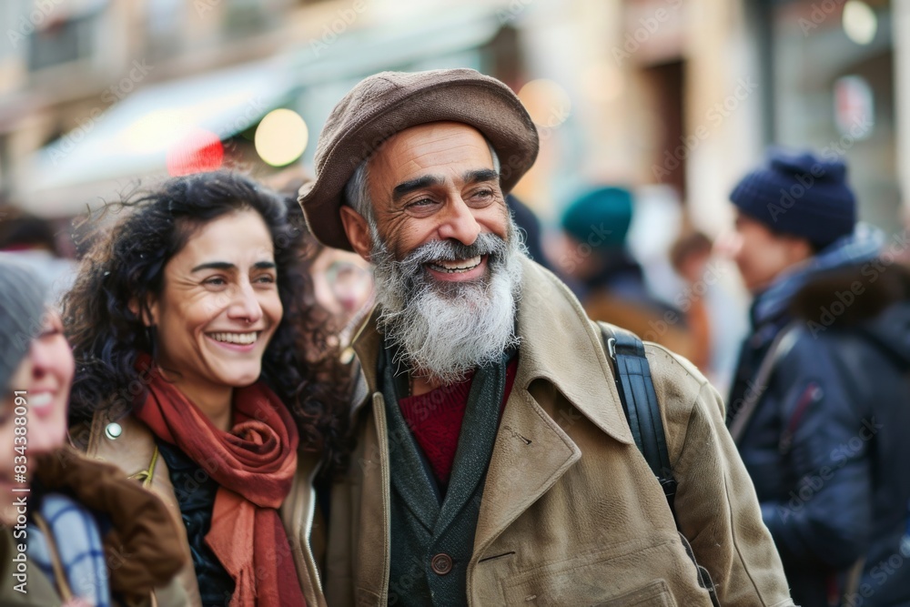 Senior man walking with his friends on a street in Barcelona, Spain Senior man walking with his friends on a street in Barcelona, Spain