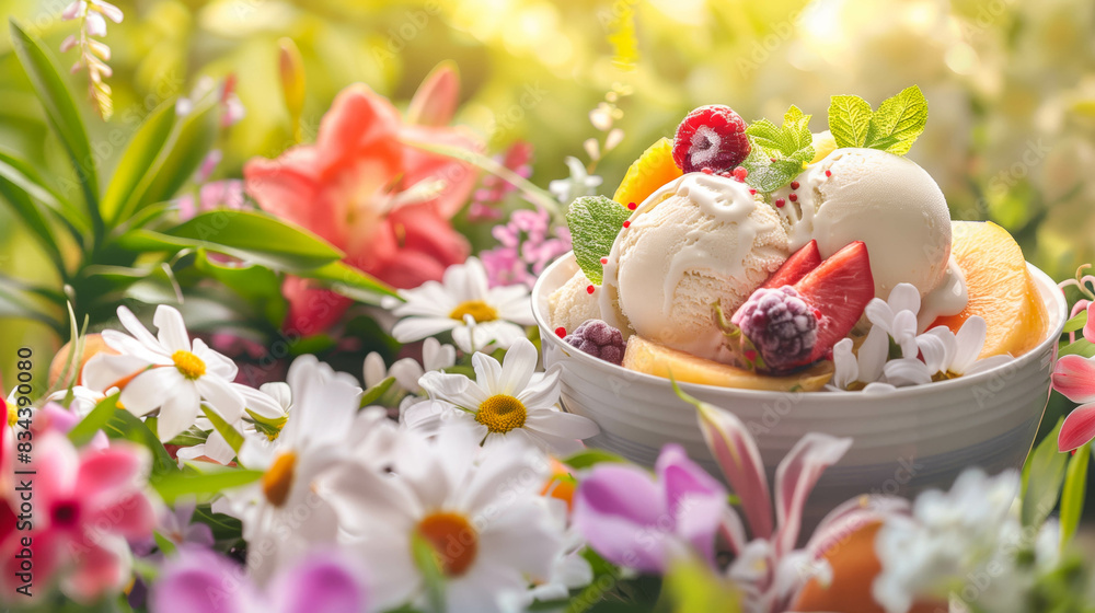 Fresh Fruit and Ice Cream Bowl with Flowers in a Garden Setting Fresh Fruit and Ice Cream Bowl with Flowers in a Garden Setting