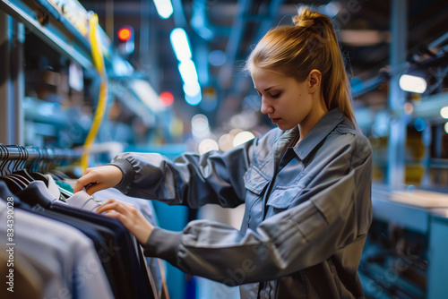 Female factory worker carefully inspecting garments in a textile factory