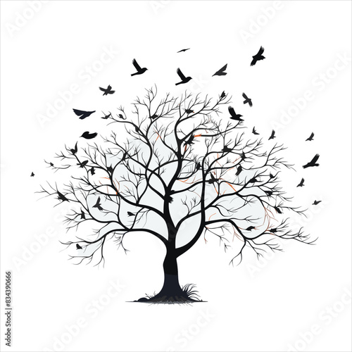 A single black tree silhouettes with birds on white background