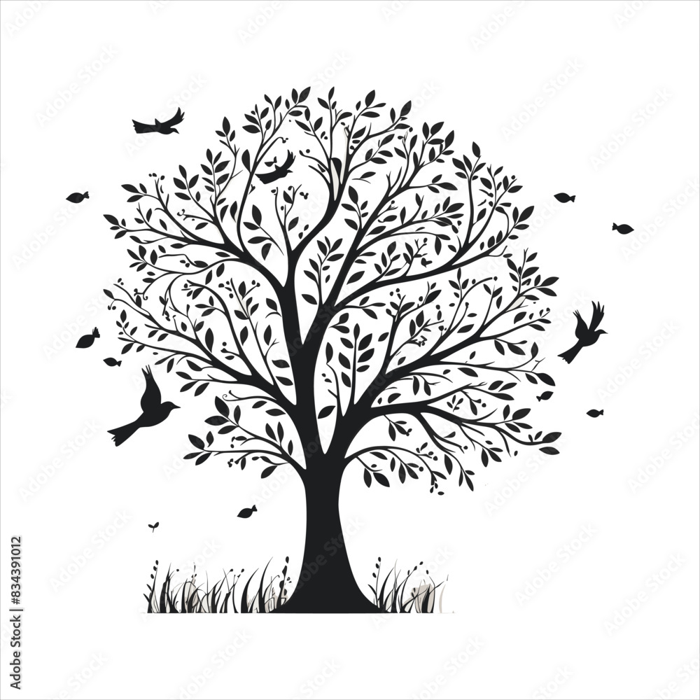 A single black tree silhouettes with birds on white background A single black tree silhouettes with birds on white background