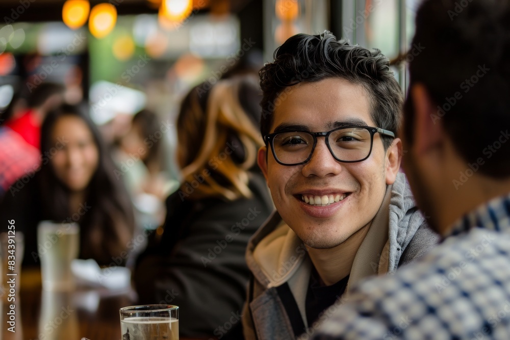 Young asian man smiling and looking at camera in a pub. Young asian man smiling and looking at camera in a pub.
