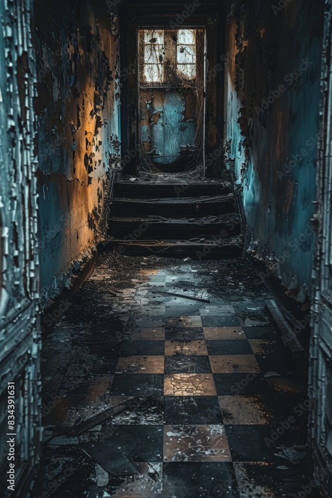 Closeup vertical shot of a decrepit corridor, broken windows, and collapsed ceiling in an old abandoned building Closeup vertical shot of a decrepit corridor, broken windows, and collapsed ceiling in an old abandoned building
