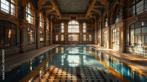 Abandoned indoor pool with intricate tile work  sunlight casting long shadows and enhancing the beauty of the deserted space