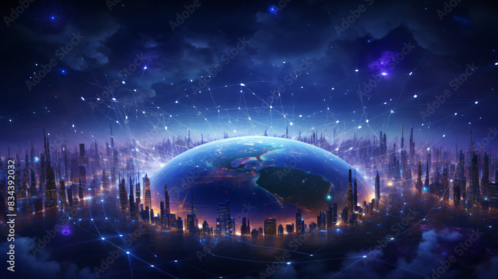 Fototapeta premium Earth Surrounded by a Network of Lines and Cities for Global Connection or Technology Concept, with copy space text for Website or Presentation