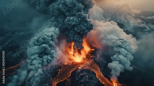 Aerial view looking above a volcano, capturing the dramatic eruption and flowing lava, with billowing smoke against a stark landscape