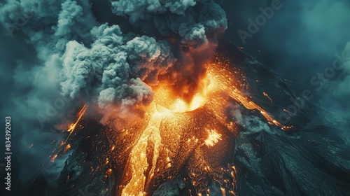 Aerial view looking above a volcano, capturing the dramatic eruption and flowing lava, with billowing smoke against a stark landscape photo
