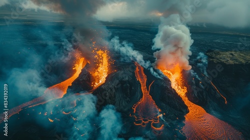 Aerial view looking above a volcano, capturing the dramatic eruption and flowing lava, with billowing smoke against a stark landscape