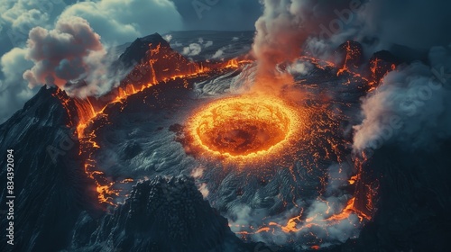 Bird's-eye perspective looking above a volcano, showcasing the fiery crater, ash clouds, and molten lava streams