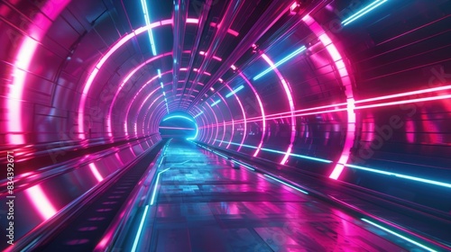 Futuristic cyber tunnel with glowing neon lights and high-tech digital design, suitable for technology and sci-fi concepts.