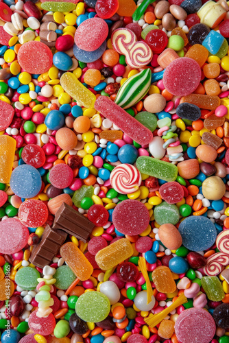 An overflowing assortment of colorful candies, tightly packed and filling the entire frame.  © grey