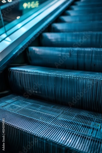 Closeup vertical view of an escalator's steps, highlighting the industrial design and texture, studio lighting © Alpha
