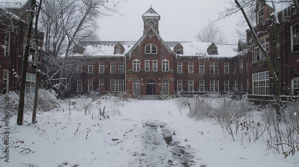 Creepy, deserted mental asylum with frost-covered windows and snow-laden grounds, evoking a sense of dread Creepy, deserted mental asylum with frost-covered windows and snow-laden grounds, evoking a sense of dread