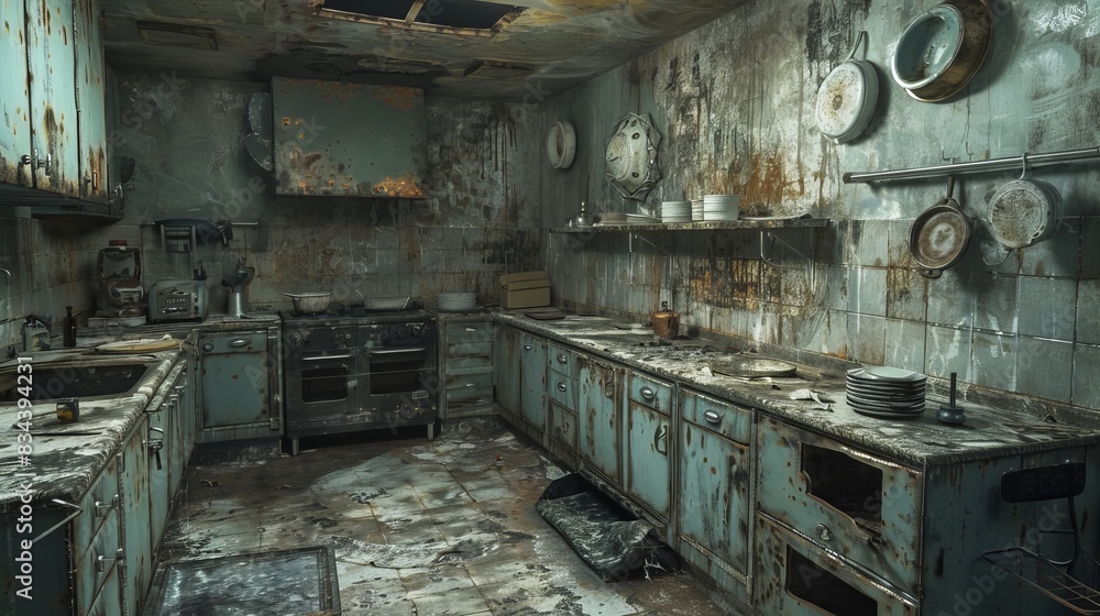 Decaying bunker kitchen, with tarnished metal surfaces, broken dishes, and a ghostly, forsaken vibe
