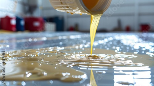 Detailed closeup of epoxy resin pouring out from a bucket onto a floor, highlighting the fluid movement and shiny surface photo