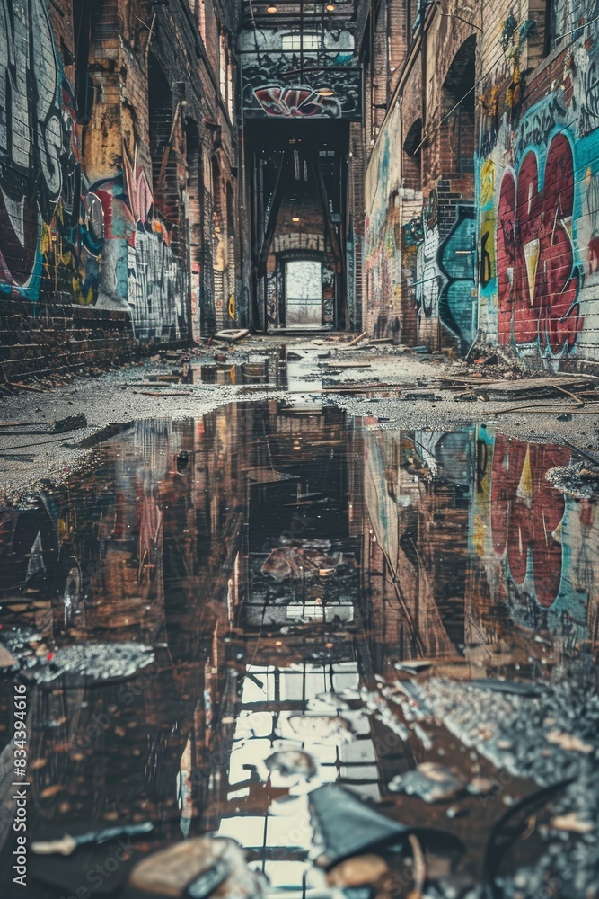 Detailed vertical closeup of a crumbling corridor, abandoned building, exposed brickwork, and rotting wooden beams Detailed vertical closeup of a crumbling corridor, abandoned building, exposed brickwork, and rotting wooden beams