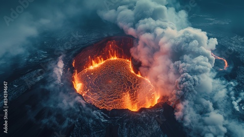 Drone view looking above a volcano, showing the active crater, spewing lava, and dramatic smoke patterns photo