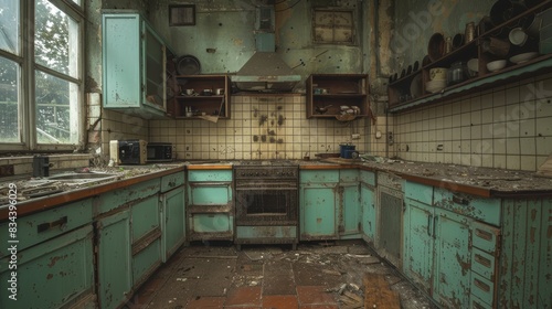 Forgotten kitchen in an old bunker, broken cabinets, dusty countertops, and a sense of decay and abandonment