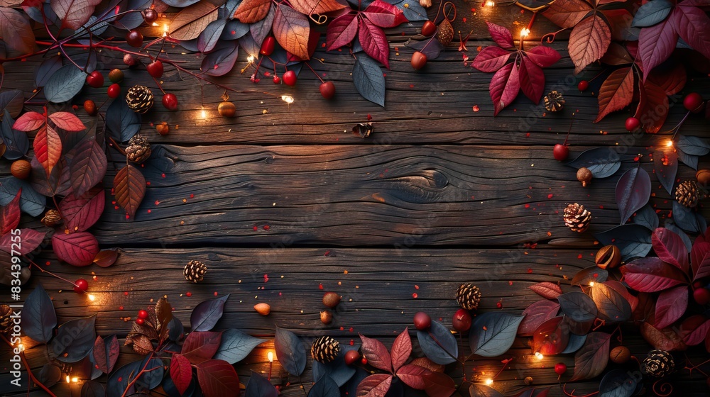 Naklejka premium A rustic wooden background with autumn leaves and lights, and ample space for celebratory messages. - Event decoration background