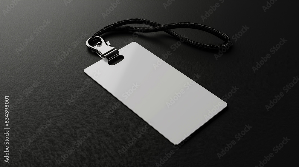 **A white rectangular ID card with lanyard on a black background in a closeup shot. The matte ID has no design or print on it. It is a plain and blank badge that could be used for various factory or h **A white rectangular ID card with lanyard on a black background in a closeup shot. The matte ID has no design or print on it. It is a plain and blank badge that could be used for various factory or h