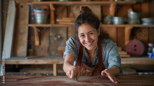 Smiling young woman polishing an old wooden table The world of home additions DIY transformation of furniture renovation