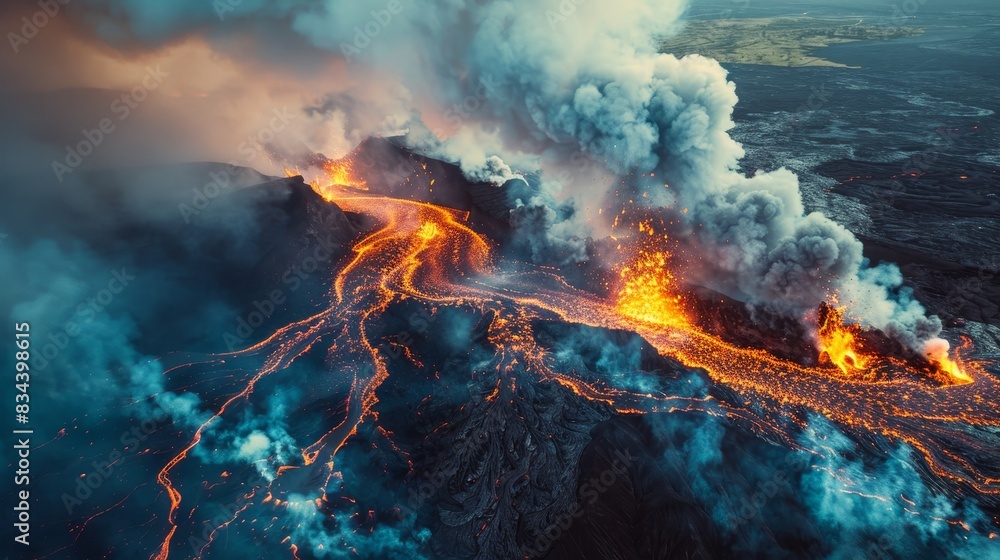 Overhead view looking above a volcano, highlighting the explosive eruption, lava rivers, and thick smoke plumes