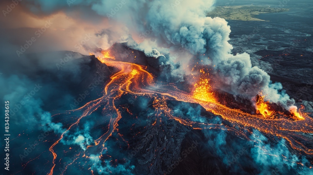Overhead view looking above a volcano, highlighting the explosive eruption, lava rivers, and thick smoke plumes Overhead view looking above a volcano, highlighting the explosive eruption, lava rivers, and thick smoke plumes