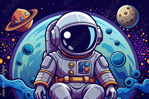 Ilustración de un astronauta sentado con la luna y planetas de fondo 