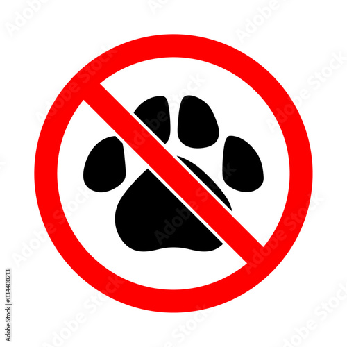 No pets and animals allowed prohibited red ban symbol foot marks in black color. No animal sign vector set. Red prohibition sign with no pets. Warning sticker. Forbidden label.