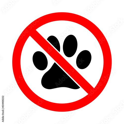 No pets and animals allowed prohibited red ban symbol foot marks in black color. No animal sign vector set. Red prohibition sign with no pets. Warning sticker. Forbidden label.