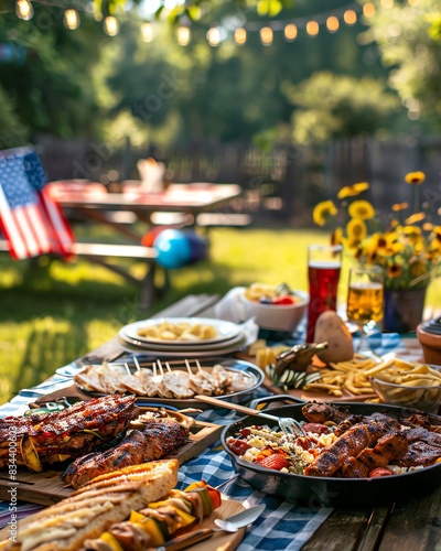 Picnic table with delicious grill food, outdoor seating under the sun, family having summer fun, celebrating United States Independence Day, 4th of July, copy space
