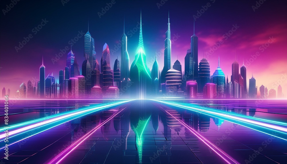 A futuristic city skyline is illuminated by neon lights in shades of electric blue, pink, and green. The lights create a dramatic scene that evokes a sense of mystery and intrigue.