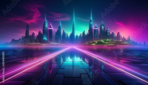 A futuristic city skyline is illuminated by neon lights in shades of electric blue  pink  and green. The lights create a dramatic scene that evokes a sense of mystery and intrigue.
