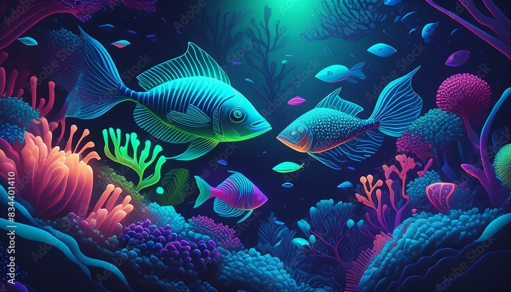 An underwater scene with neon fish swimming among glowing coral reefs. The background An underwater scene with neon fish swimming among glowing coral reefs. The background