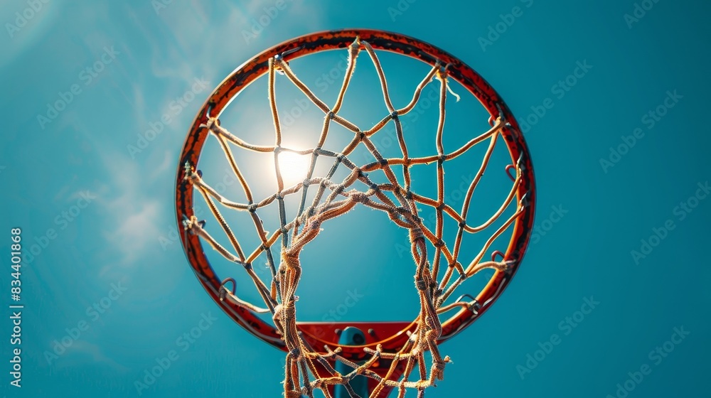 Upward perspective of a basketball hoop with the net swaying gently, set against a bright blue sky Upward perspective of a basketball hoop with the net swaying gently, set against a bright blue sky