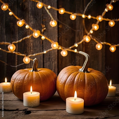Thanksgiving - Pumpkins On Rustic Table With Candles And String Lights. Generative AI  © Azhar