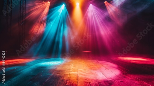 Lot of beautiful multi-colored laser beams in dark at disco. empty stage background.