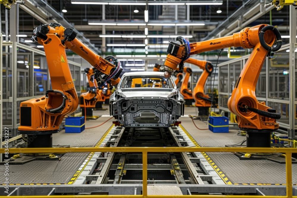 Automated Robots in a Car Manufacturing Factory Working on Assembly Line with Vehicle in Background Automated Robots in a Car Manufacturing Factory Working on Assembly Line with Vehicle in Background
