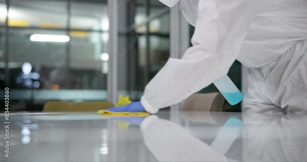 Ppe, disinfectant and hand of person with spray in lab for germs, virus exposure or prevent infection. Biohazard, cleaning and hygiene worker in hazmat suit for decontamination, chemical or sanitize Ppe, disinfectant and hand of person with spray in lab for germs, virus exposure or prevent infection. Biohazard, cleaning and hygiene worker in hazmat suit for decontamination, chemical or sanitize